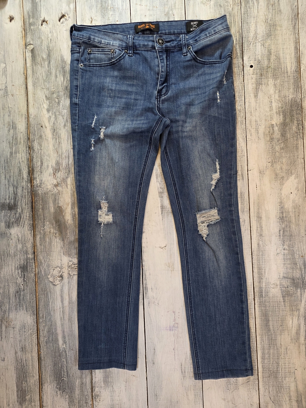 Ring of Fire Men's Distressed Skinny Jeans in Medium Blue Shortened sz 31